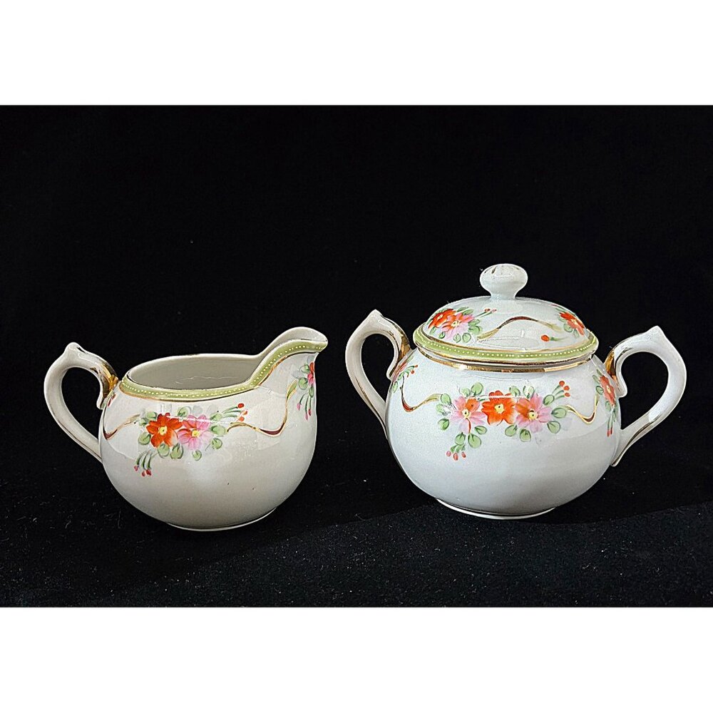 Antique Nippon Hand-Painted Creamer & Sugar Bowl Set Floral Design